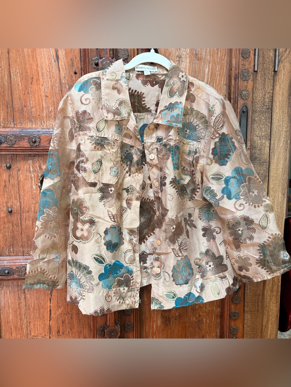 Bamboo Traders XL Sheer Floral
Button Front Jacket/Shirt Beige Blue Brown